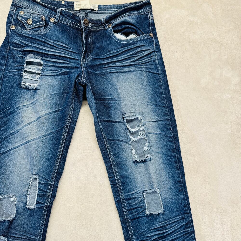 RawBlue Jeans Womens 9/10 Dark Wash Blue Denim Mid Rise Skinny 32" Destroyed Y2K